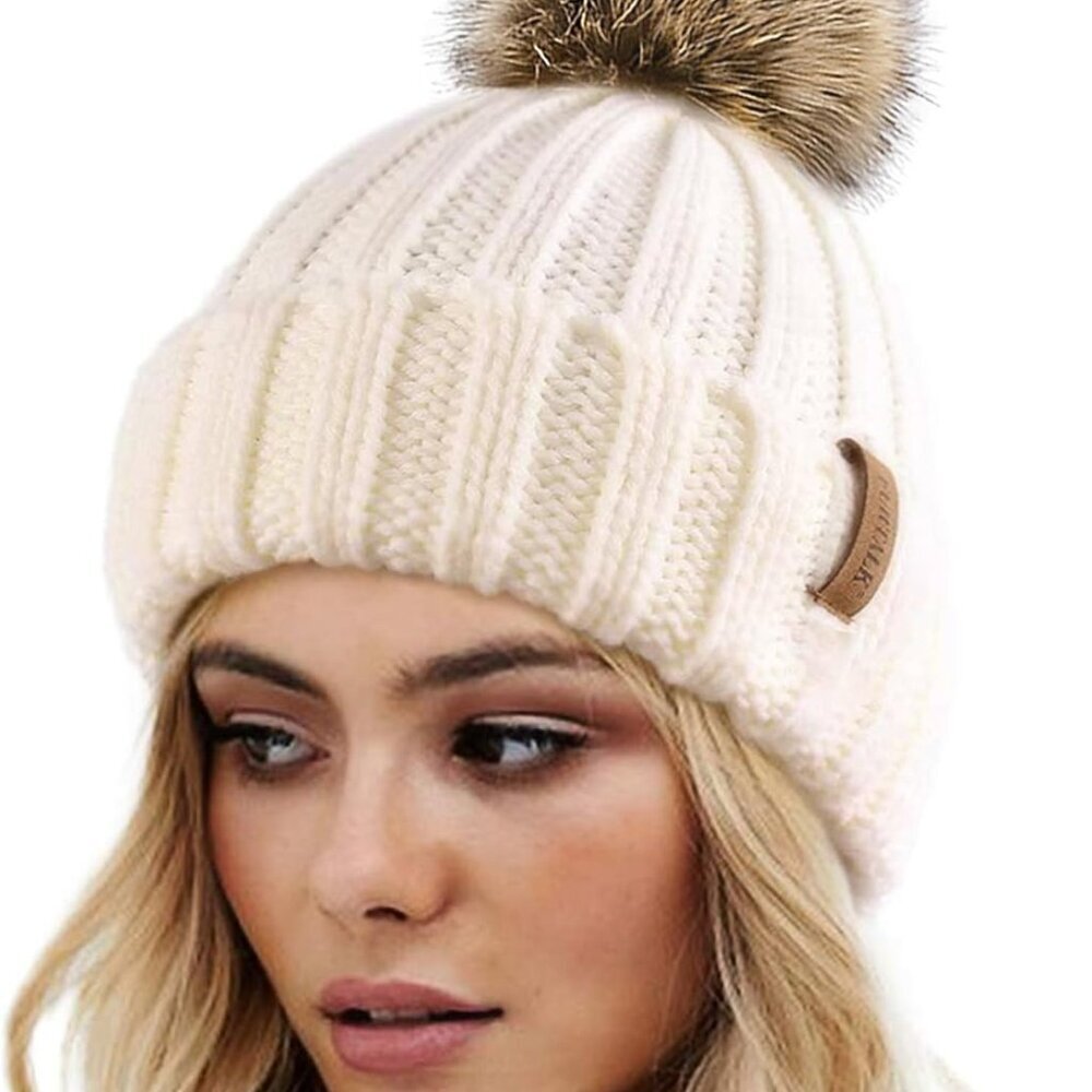Womens Winter Knitted Beanie Hat with Faux Fur Pom Warm Knit Skull Cap Beanie fo